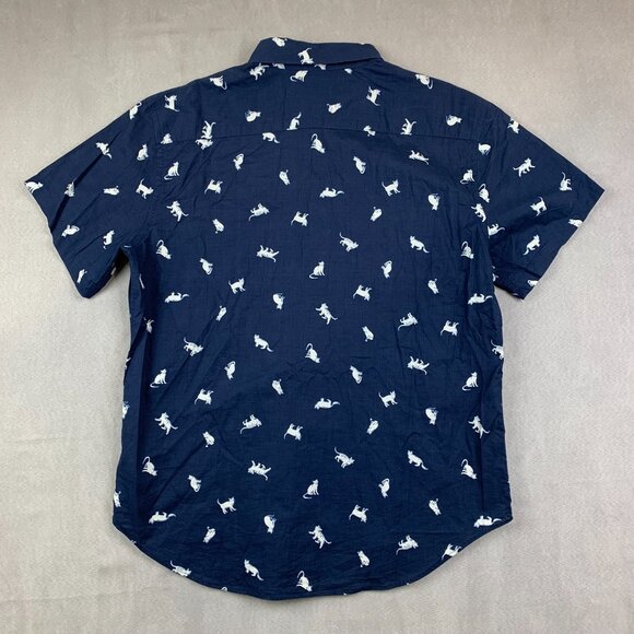 Naked & Famous Mens Shirt XL Navy Blue Hand Drawn Cats Button Up Short Sleeve - Picture 10 of 10